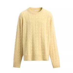 Zara Men's Pale Yellow Cable-Knit Crewneck Sweater
